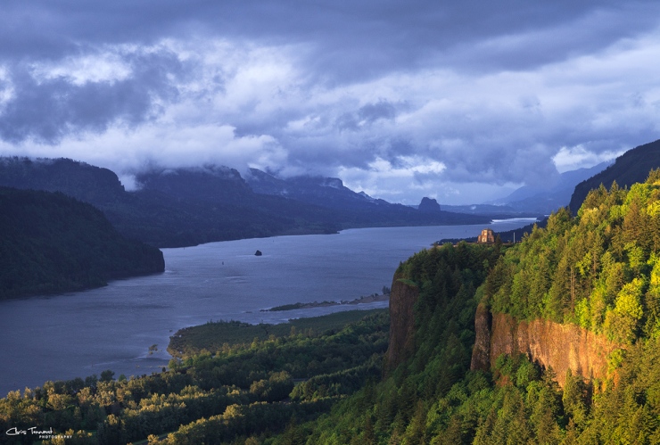 View of the Columbia River at sunset of a stormy day.